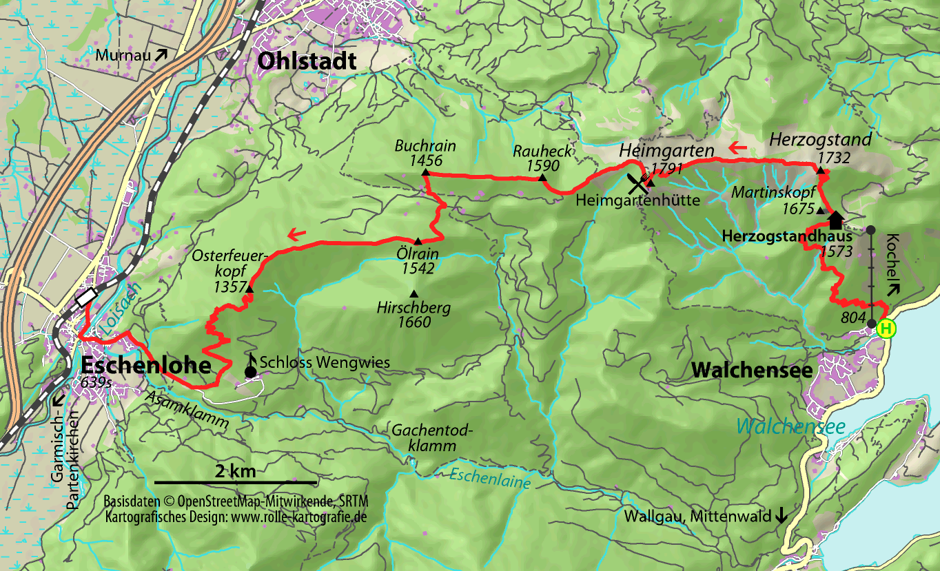 Wanderkarte mit markiertem Weg von Eschenlohe über Osterfeuerkopf, Heimgarten, Herzogstandhaus bis zum Walchensee, mit Höhenangaben der Berge und Wanderhütten.
