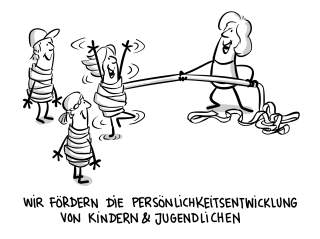 Vier fröhliche, eingewickelte Figuren - eine hält ein langes Band, während eine andere ausgelassen tanzt; darunter der Text: „Wir fördern die Persönlichkeitsentwicklung von Kindern & Jugendlichen“.