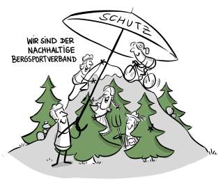 Karikatur von Menschen in einer Berglandschaft, die unter einem großen Regenschirm mit der Aufschrift „Schutz“ stehen, daneben der Text „Wir sind der nachhaltige Bergsportverband“.