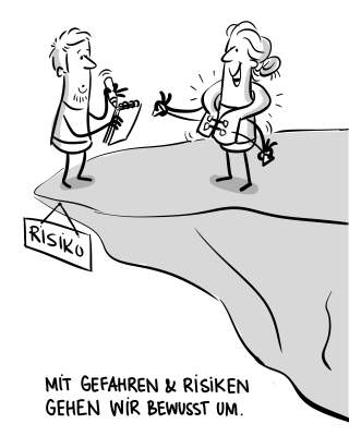 Eine Person trägt eine Schwimmweste und steht am Rand einer Klippe mit einem Schild „Risiko“, während eine andere Person Notizen macht; darunter steht der Text „Mit Gefahren & Risiken gehen wir bewusst um.“