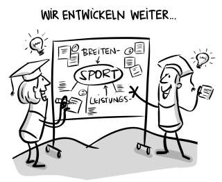 Zwei gezeichnete Figuren mit Doktorhüten planen vor einem Whiteboard die Entwicklung von Breitensport und Leistungssport, darüber steht der Text „Wir entwickeln weiter“.