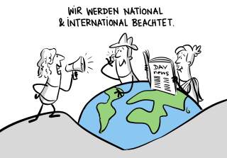 Drei gezeichnete Personen interagieren mit einer Erdkugel, eine spricht in ein Megafon, eine hält eine Zeitung und eine hört zu, darüber steht der Text „Wir werden national & international beachtet.“