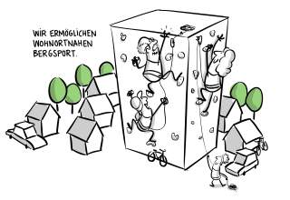 Drei Personen klettern an einer künstlichen Kletterwand mitten in einem Wohngebiet, daneben steht der Text „Wir ermöglichen wohnortnahen Bergsport.“.