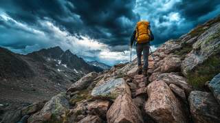 Eine Person mit orangefarbenem Rucksack wandert mit Trekkingstöcken auf felsigem Bergpfad unter einem dramatischen, bewölkten Himmel. Im Hintergrund sind schroffe Berggipfel zu sehen.
