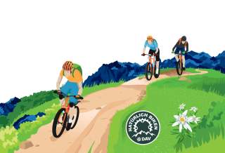 Drei Mountainbiker fahren auf einem Bergweg, umgeben von grüner Landschaft und Bergen im Hintergrund, mit einem Logo „Natürlich Biken DAV“ und einer Edelweißblume im Vordergrund.