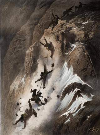 Vier Bergsteiger, die durch ein Seil verbunden sind und die an einer steilen Felswand mit Eis und Schnee abstürzen.
