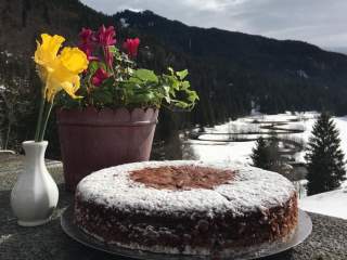 Schokoladenkuchen mit Puderzucker auf einer Terrasse, daneben eine weiße Vase mit gelben Narzissen und ein Blumentopf mit pinken Blumen, im Hintergrund verschneite Landschaft mit Bergen.