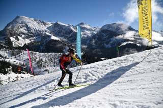 Ein Skifahrer mit Helm und Sportbekleidung fährt einen schneebedeckten Hang hinauf, im Hintergrund sind schneebedeckte Berge und Fahnen mit Schrift aufgestellt.