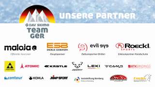Logos und Bezeichnungen der Partner und Sponsoren des DAV Skimo Team GER vor einem eisblauen Hintergrund mit der Überschrift 