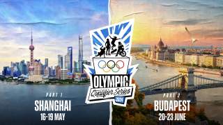 Collage aus Stadtansichten von Shanghai und Budapest mit dem Logo der Olympic Qualifier Series 2024 in der Bildmitte; darunter die Termine und Orte der Veranstaltungen.