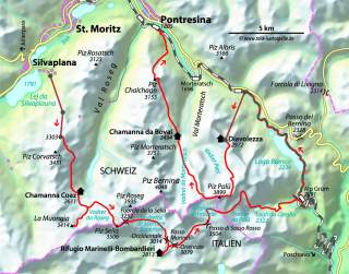 Wanderkarte der Bernina-Region in der Schweiz mit eingezeichneten Gipfeln, Hütten und markierten Wanderwegen von Alp Grüm über Piz Palü und Piz Bernina bis nach Silvaplana. Landschaftskarte zeigt Höhenangaben, Flüsse, Seen und Grenzverlauf zu Italien.