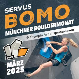 Frau klettert an einer Boulderwand, umgeben von Text zu einem Münchner Bouldermonat im März 2025 im Olympia Actionsportzentrum.