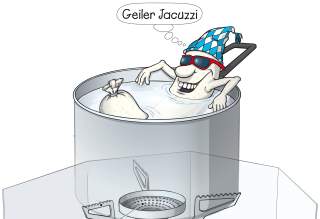 Eine animierte Kartoffel mit Sonnenbrille und blau-weiß kariertem Hut entspannt sich in einem Topf mit Wasser und denkt „Geiler Jacuzzi“.