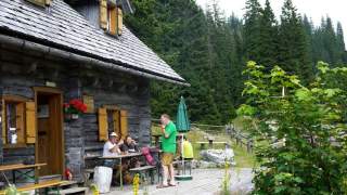 Eine Gruppe von Menschen sitzt und steht auf der Terrasse einer Holzhütte inmitten eines grünen Waldes.