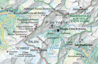 Topografische Karte der Alpenregion mit Markierung der Grenze zwischen Schweiz und Italien, Wanderwegen, Gipfeln und Schutzhütten im Parco Naturale Alpe Veglia e Alpe Devero.