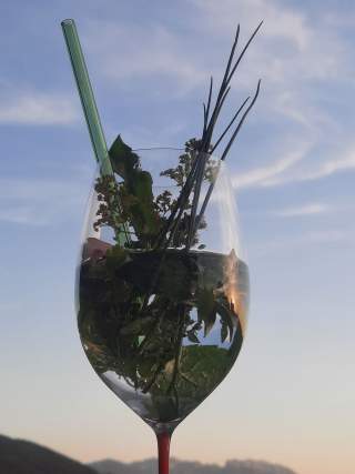Weinglas mit Wasser, gefüllt mit frischen Kräutern und einer grünen Glasstrohhalm, vor einem Himmel bei Sonnenuntergang.