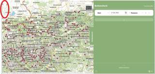 Ein Screenshot des Interface der Website, mit rot markiert wurden die Felder, welche ein Wechsel der Ansicht und das rein- bzw. rauszoomen ermöglichen.