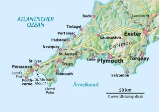 Karte von Cornwall im Südwesten Englands mit Städten, Straßen und Gewässern wie dem Atlantischen Ozean und dem Ärmelkanal.