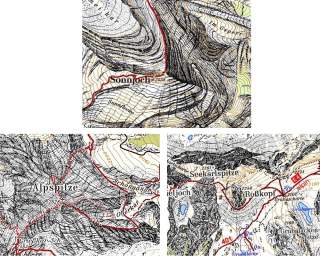 Drei Ausschnitte alter topografischer Karten zeigen Bergregionen mit markierten Wanderwegen und Gipfelnamen wie Sonnjoch, Alpspitze, Seekarlspitze und Roßkopf. Die Karten enthalten Höhenlinien, Seen und detaillierte Geländeformen.