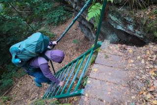 Person mit großem Rucksack klettert vorsichtig eine steile Metallleiter im Wald hinunter.