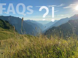Berglandschaft mit Wiesen im Vordergrund und Sonne am Himmel, darüber groß die Schrift „FAQs ?!“.