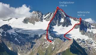 Bergpanorama mit markierten Wanderwegen zum Großglockner (3798 m) von der Stüdlhütte (2802 m) aus über die Adlersruhe (3451 m).