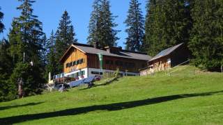 Hütte mit Fahne und Nebengebäude auf grüner Wiese im Hintergrund Bergwald