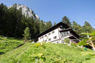 Berghütte im Sommer, im Hintergrund Wald und ein Felszacken