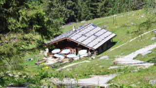 Holzhütte mit Sonnenschirmen auf der Terrasse in einer grünen Berglandschaft, umgeben von Bäumen und einem Wanderweg.