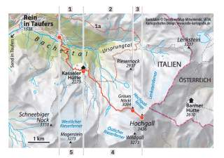 Karte einer Wanderroute von Rein in Taufers zur Hochgall-Spitze in den Alpen, mit markierten Hütten, Gipfeln und Gletschern entlang des Wegs.