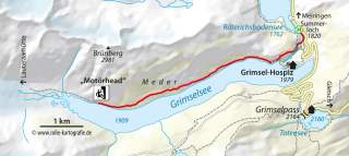 Karte des Grimselsees mit angrenzenden Wanderwegen, markiert mit Orten wie Grimsel-Hospiz, Grimselpass und dem Gipfel Brünberg. Ein roter Wanderweg verläuft entlang des Sees von „Motörhead“ bis zum Grimsel-Hospiz.