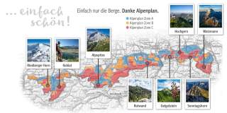 Karte mit farblich markierten Alpenplan-Zonen A, B und C entlang der Alpen mit Fotos und Beschriftungen von neun Bergen: Riedberger Horn, Koblat, Alpspitze, Rotwand, Geigelstein, Sonntagshorn, Hochgern und Watzmann.
