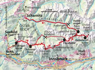 Karte mit eingezeichneter Route und Hütten des Karwendel Höhenwegs.