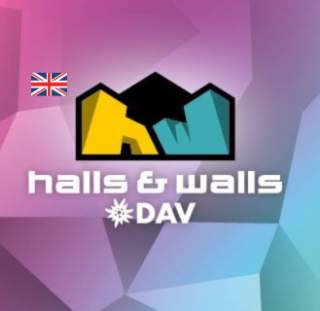 Logo von halls & walls DAV mit stilisierten Kletterwänden und einer britischen Flagge auf einem bunten, geometrischen Hintergrund.