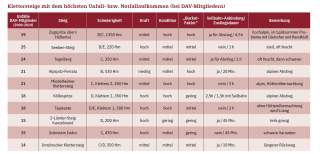 Tabelle mit den zehn Klettersteigen mit den meisten Unfällen bei DAV-Mitgliedern von 2000 bis 2024, inklusive Angaben zu Schwierigkeit, benötigter Kraft und Kondition, Besonderheiten und Zustiegsdauer.