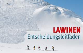 Fünf Skifahrer wandern in einer Reihe über eine schneebedeckte Berglandschaft mit sichtbaren Spuren einer Lawine; der Text „Lawinen Entscheidungsleitfaden“ ist eingeblendet.