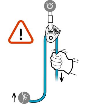Illustration einer Hand, die ein Kletterseil an einer Seilrolle hält, mit Warnhinweis, dass das Seil beim Hochziehen nicht losgelassen werden darf.