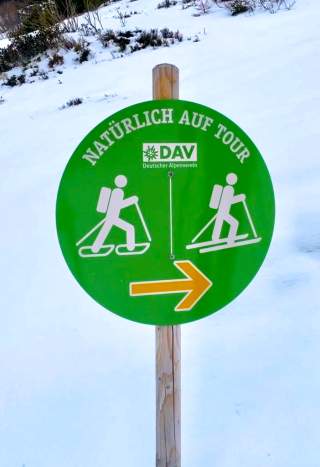 Grünes Schild des Deutschen Alpenvereins mit Piktogrammen von Schneeschuh- und Skitourengehern und einem nach rechts zeigenden Pfeil im verschneiten Gelände.