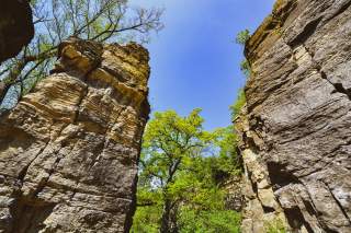Zwei hohe Felswände mit markanten Schichtstrukturen stehen neben grünen Bäumen unter klarem blauem Himmel.