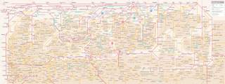 Grafische Netzkarte des öffentlichen Verkehrs (Bahn, Bus, Alpenbus, Berg- und Wanderbusse) für den Alpenraum in Deutschland, Österreich und der Schweiz mit farblich gekennzeichneten Linien und Umsteigepunkten.