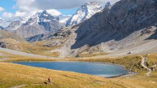 Berglandschaft mit einem kleinen See im Tal und schneebedeckten Gipfeln im Hintergrund, im Vordergrund wandert eine Person mit rotem Rucksack über eine Wiese.