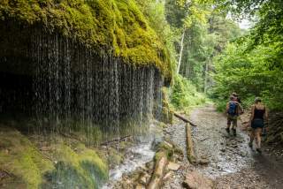 Kleiner Wasserfall, der über eine moosbedeckte Felswand fließt, daneben ein Waldweg mit drei wandernden Personen.