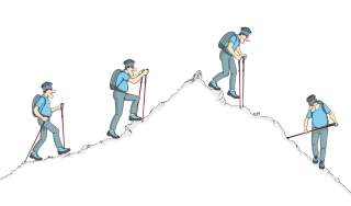 Illustration von Menschen, der am Berg Stöcke einsetzt