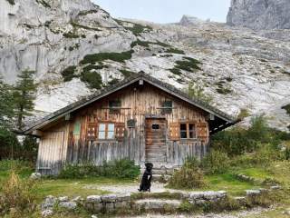 Eine rustikale Holzhütte steht vor einem felsigen Berghang, davor sitzt ein schwarzer Hund auf einem steinigen Weg.