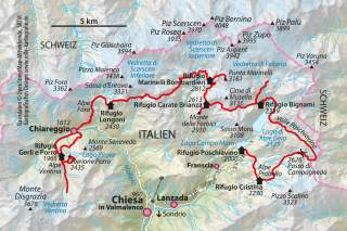 Topografische Wanderkarte mit markierter Route durch das Valmalenco in Italien und angrenzenden Gebieten der Schweiz, inklusive Hüttenstandorten und Gipfeln.
