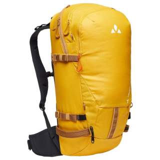 Gelber Outdoor-Rucksack mit mehreren Fächern, verstellbaren Gurten und schwarz-grauem, gepolstertem Tragesystem.