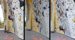 Drei Bilder zeigen eine Person beim Klettern und Abseilen an einer bunt bemalten Kletterwand im Freien.