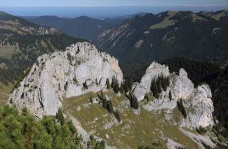 Landschaftsaufnahme von felsigen Berggipfeln mit vereinzelt wachsenden Nadelbäumen, umgeben von bewaldeten Tälern unter klarem Himmel.