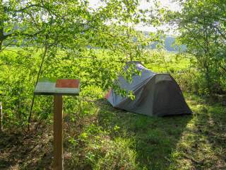 Ein graues Zelt steht im Schatten von Bäumen auf einer Wiese, daneben befindet sich ein Infotafel auf einem Holzpfahl.