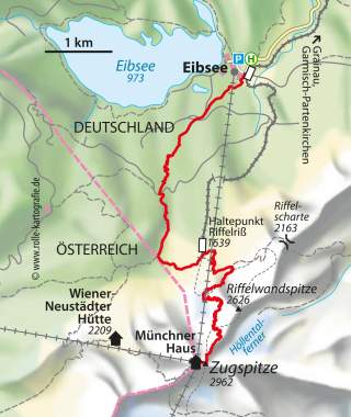 Kartenausschnitt einer Wanderroute vom Eibsee in Deutschland über Haltepunkt Riffelriß und Münchner Haus zur Zugspitze an der Grenze zu Österreich.